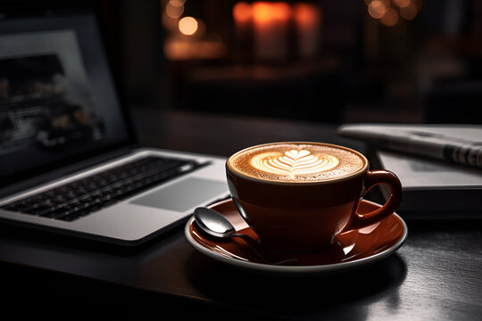 Hyperrealistic Office Vibes: Cappuccino Close-Up beside Laptop