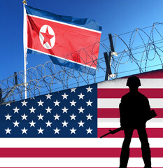 Double exposure of North Korean flag and American flag, American soldier crossing border North...