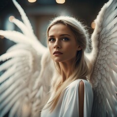  Beautiful angel with massive wings closeup