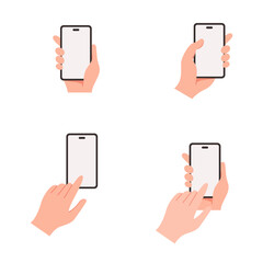 Obraz na płótnie Canvas Human hands hold the mobile phone with a blank screen set vector illustration. Cartoon arms touch the device with fingers. Communication, internet concep