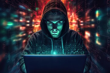 Obraz premium A Hacker using abstract laptop with binary code digital interface. Double exposure. Hacker. Generative Ai