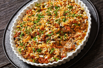 mushrooms ground meat casserole in dish, top view