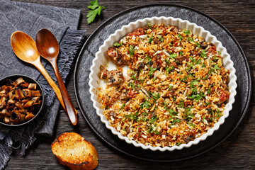 mushrooms ground meat casserole in dish, top view