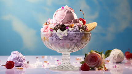 Ice Cream Sundae in Gorgeous Glass Bowl with Fruit Toppings and Floral Design Elements - Pastel Gradient Background - Close Up Shot with Studio Lighting Effect - Generative AI