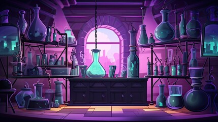 Witch or wizard alchemical laboratory with magic books and potions with mystic glow at night. Futuristic alchemy lab room interior. Halloween concept. AI illustration..
