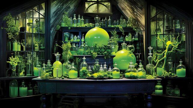 Witch or wizard alchemical laboratory with magic books and potions with mystic glow at night. Futuristic alchemy lab room interior. Halloween concept. AI illustration..