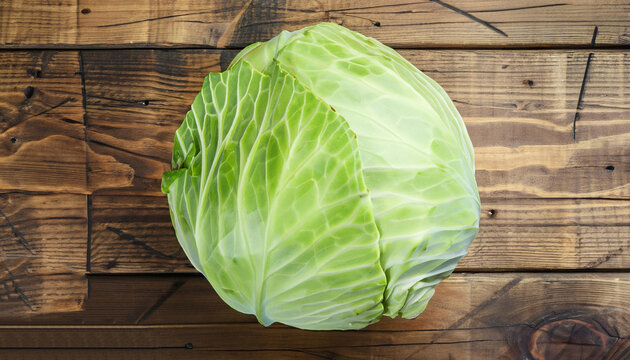 whole fresh green cabbage on wooden background . Top view
