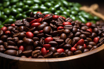 A mix of red, green and black coffee beans