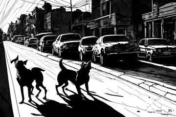 Dogs silhouette on the road, Generative AI