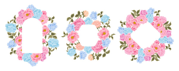 Flower frame and wreath illustration arrangements with colorful rose, peony, floral bud, and green leaf branch elements for wedding card, invitation, decoration