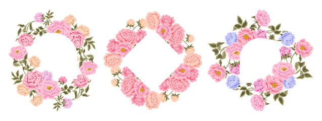 Flower frame and wreath illustration arrangements with colorful rose, peony, floral bud, and green leaf branch elements for wedding card, invitation, decoration