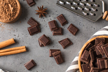 Cubes of dark artisan chocolate. Bitter chocolate