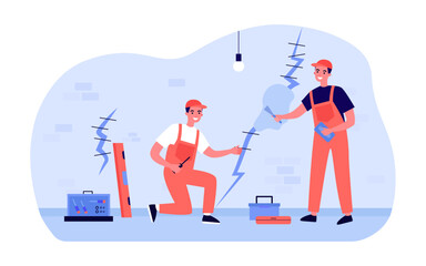 Maintenance workers repairing old house vector illustration. Cartoon drawing of repair service people fixing cracks in wall of ageing house. Home maintenance, repair, construction concept