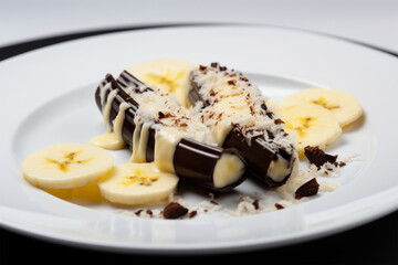 a plate of sliced ​​bananas with melted chocolate on a white background