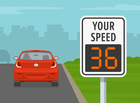 Close-up of radar sign. Back view of car on city road with speed limit sign. Flat vector illustration template.