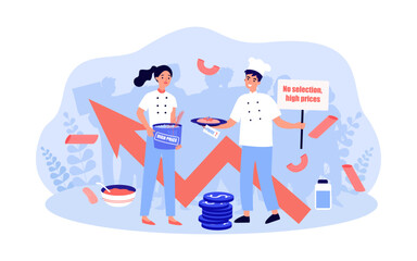 Cooks fighting against high prices on pasta vector illustration. Drawing of male chef holding placard with no selection, high prices text, cost increase of food. Inflation, food, strike concept