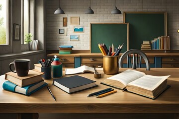 stationery stuff , green board and books on the table 