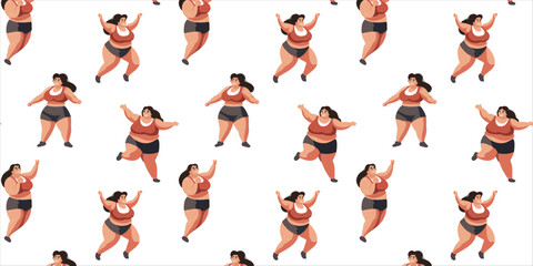 Seamless pattern with happy overweight woman doing exercises doing sports, vector illustration	
