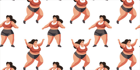 Seamless pattern with happy overweight woman doing exercises doing sports, vector illustration