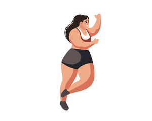 Fototapeta na wymiar Fat woman doing exercises, going in for sports, vector illustration