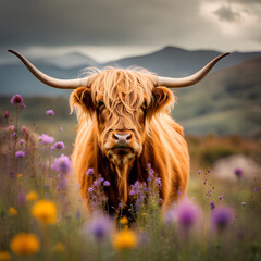 Beautiful watercolor highland cow with flowers on her heand floral headboard - obrazy, fototapety, plakaty