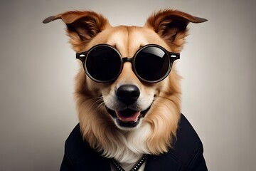 royal dog wearing black goggles and black jacket