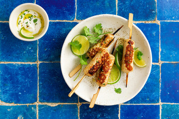 Chicken kebab on skewers with lime, fragrant cilantro and refreshing sauce.