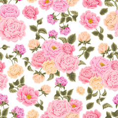 Flower seamless pattern illustration with colorful rose, peony, floral bud, and green leaf branch elements