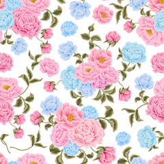 Flower seamless pattern illustration with colorful rose, peony, floral bud, and green leaf branch elements for wedding card, invitation, decoration