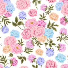Flower seamless pattern illustration with colorful rose, peony, floral bud, and green leaf branch elements