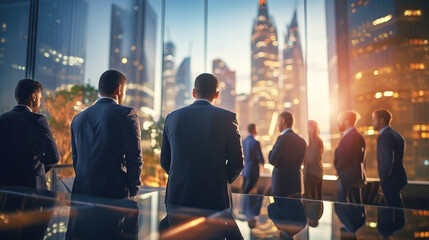 soft and blurred, silhouette style . backside of business team. tower view of business district. Generative Ai