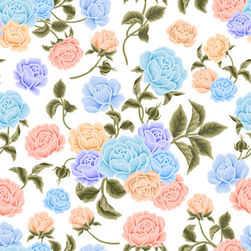 Flower seamless pattern illustration with colorful rose, peony, floral bud, and green leaf branch elements for wedding card, invitation, decoration