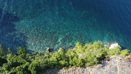 Rocky coast of a tropical island. Aerial view of a cliff covered with jungle and clear transparent sea.