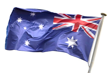 Australian flag fluttering gracefully in the wind against clean white background
