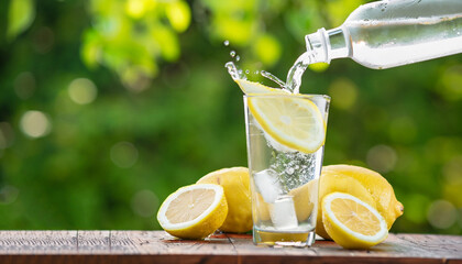 lemonade pouring in glass with splash on wooden table and green blurred background. Summer refreshing drink. Cold detox water with lemon