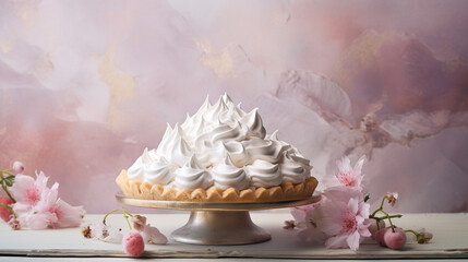 Light and Airy Meringue Pie with Fluffy Whipped Topping and Golden Crust Against Soft Pastel Vintage Background - Studio Lighting Effect on Professional FlatLay - Generative AI