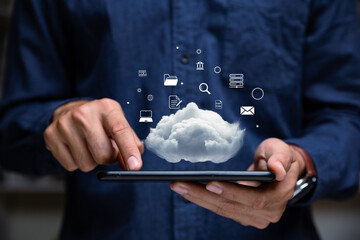 Hand of businessman using smartphone with cloud computing, Computer system resources and data storage, Cloud service technologies concept.