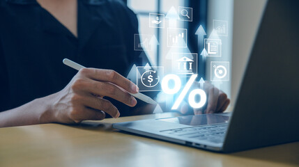Businessman using laptop with percent sign, Business growth, Money, Stock market, Chart, Interest...