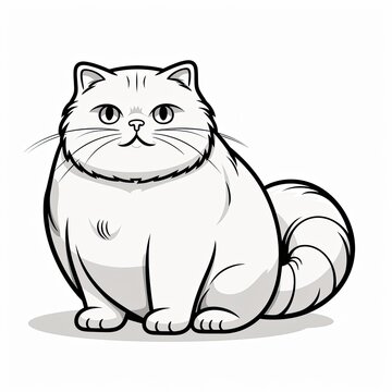 A cheerful plump and fluffy cat painted in black on a white background.