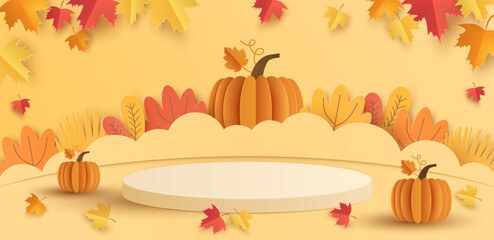 Paper cut of white cylinder podium, geometric shapes with autumn landscape for products display presentation. Vector illustration