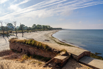 Sandy beach on coastline of Baltic Sea on Vistula Spit. View from Ruins of Western Fort. Baltiysk. Russia