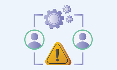 Two persons gear and risk sign in a circle making network symbolizing the concept of risk analysis.on white background.Vector Design Illustration.