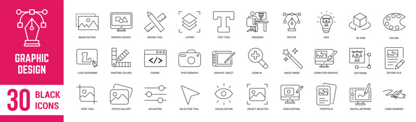 Fototapeta premium Graphic Design thin line icons set. Graphic, design, creative package, stationary digital art, tools, portfolio, colours and software. Vector illustration