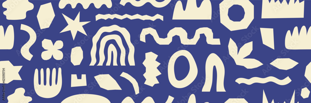 Poster abstract seamless pattern with beige organic cut out shapes on a blue background. trendy vector coll
