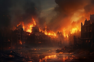 City in fire. Ai art. Abandoned buildings