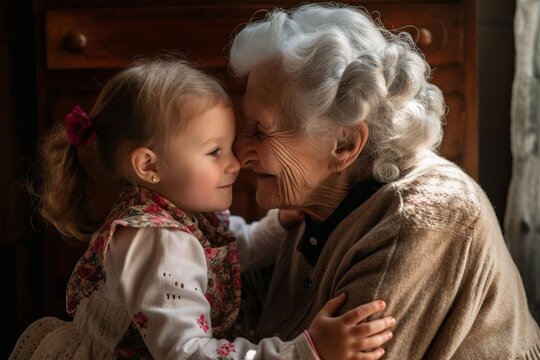 little girl hugging grandmother, lovely scene of a kid with grandma, smiling on grandparents day