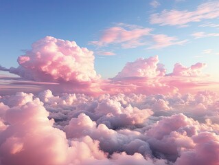 Beautiful pink clouds at the height of a bird's flight. A symbol of good weather. Created by AI.