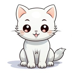 Funny white cartoon kitty on a white background. ICreated by AI.