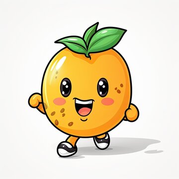 A cheerful red cartoon orange runs to meet the viewer on a white background. Created by AI.