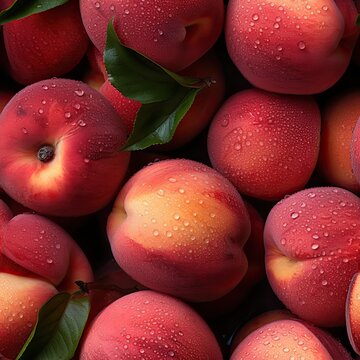 Seamless background of ripe peaches with leaves. Photorealistic illustration. Created by AI.